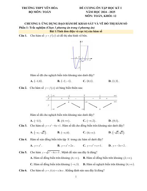 Đề cương học kỳ 1 Toán 12 năm 2024 – 2025 trường THPT Yên Hòa – Hà Nội
